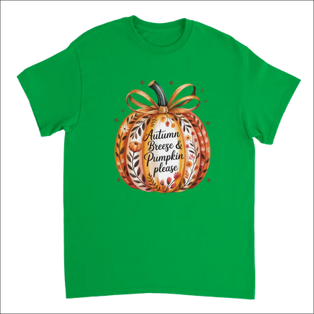 Green cotton t-shirt with watercolor pumpkin, autumn leaves, flowers, and Autumn Breeze & Pumpkin Please text in orange ribbon bow