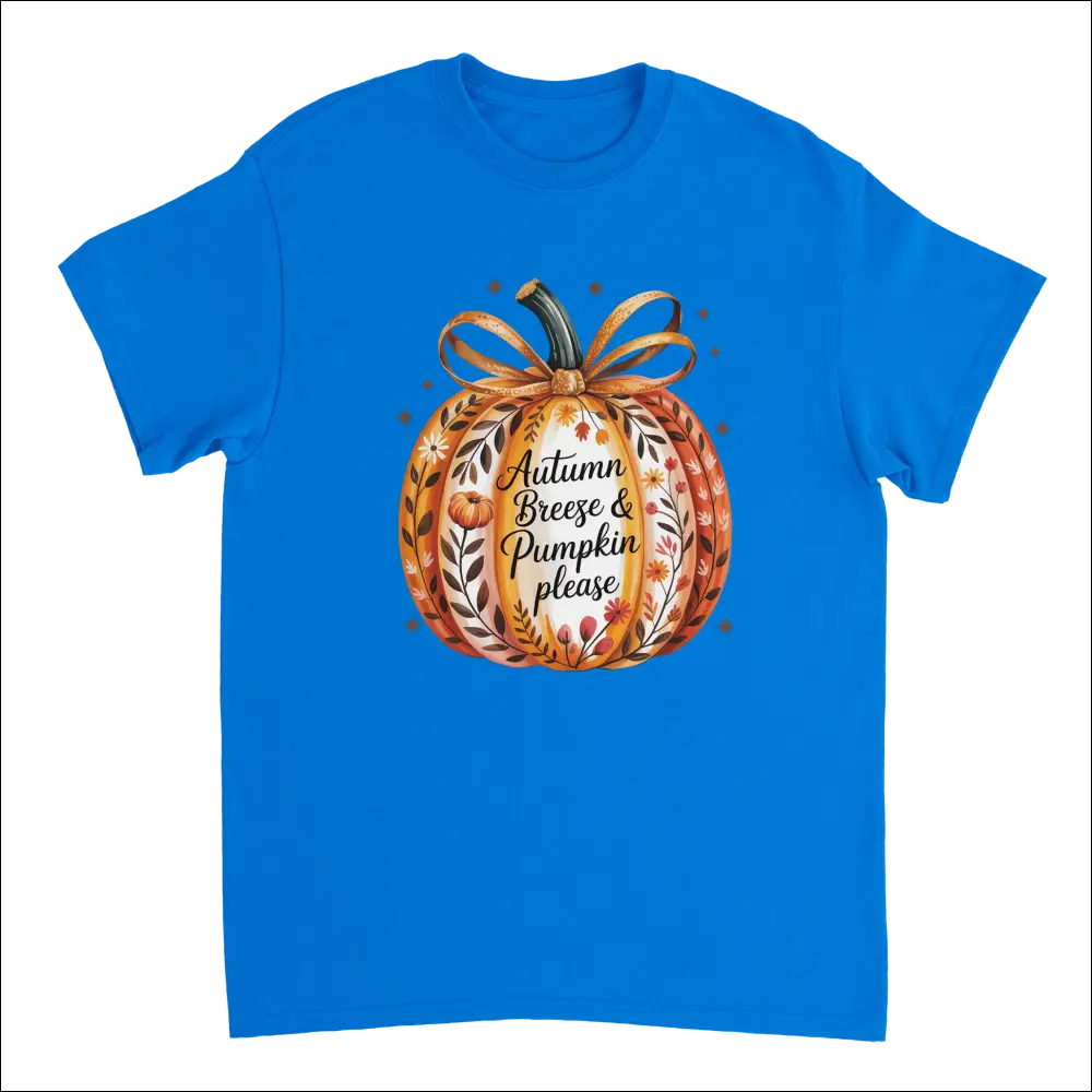 Bright blue short-sleeved Autumn Breeze & Pumpkin Please t-shirt with cozy fall floral watercolor design