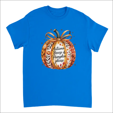 Bright blue short-sleeved Autumn Breeze & Pumpkin Please t-shirt with cozy fall floral watercolor design