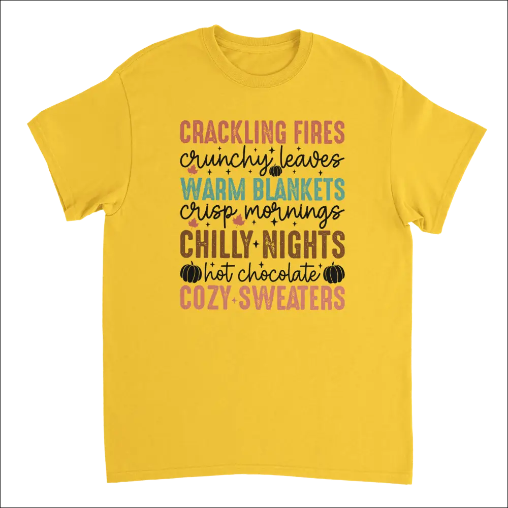 Vibrant yellow Autumn Comforts heavyweight cotton t-shirt with cozy fall graphics