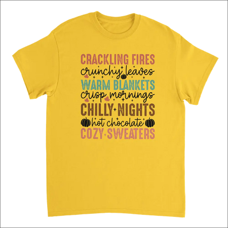 Vibrant yellow Autumn Comforts heavyweight cotton t-shirt with cozy fall graphics