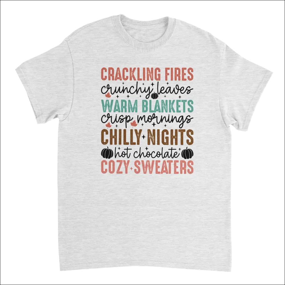Heather gray Autumn Comforts T-shirt with cozy fall graphic