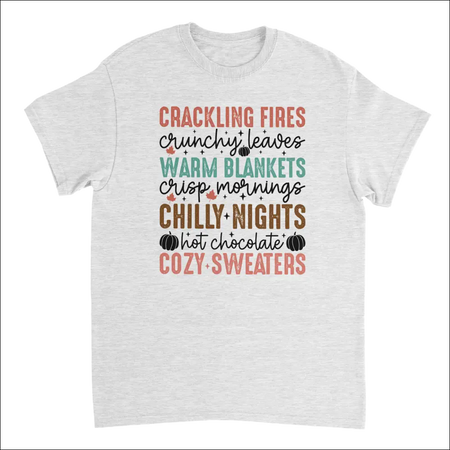 Heather gray Autumn Comforts T-shirt with cozy fall graphic