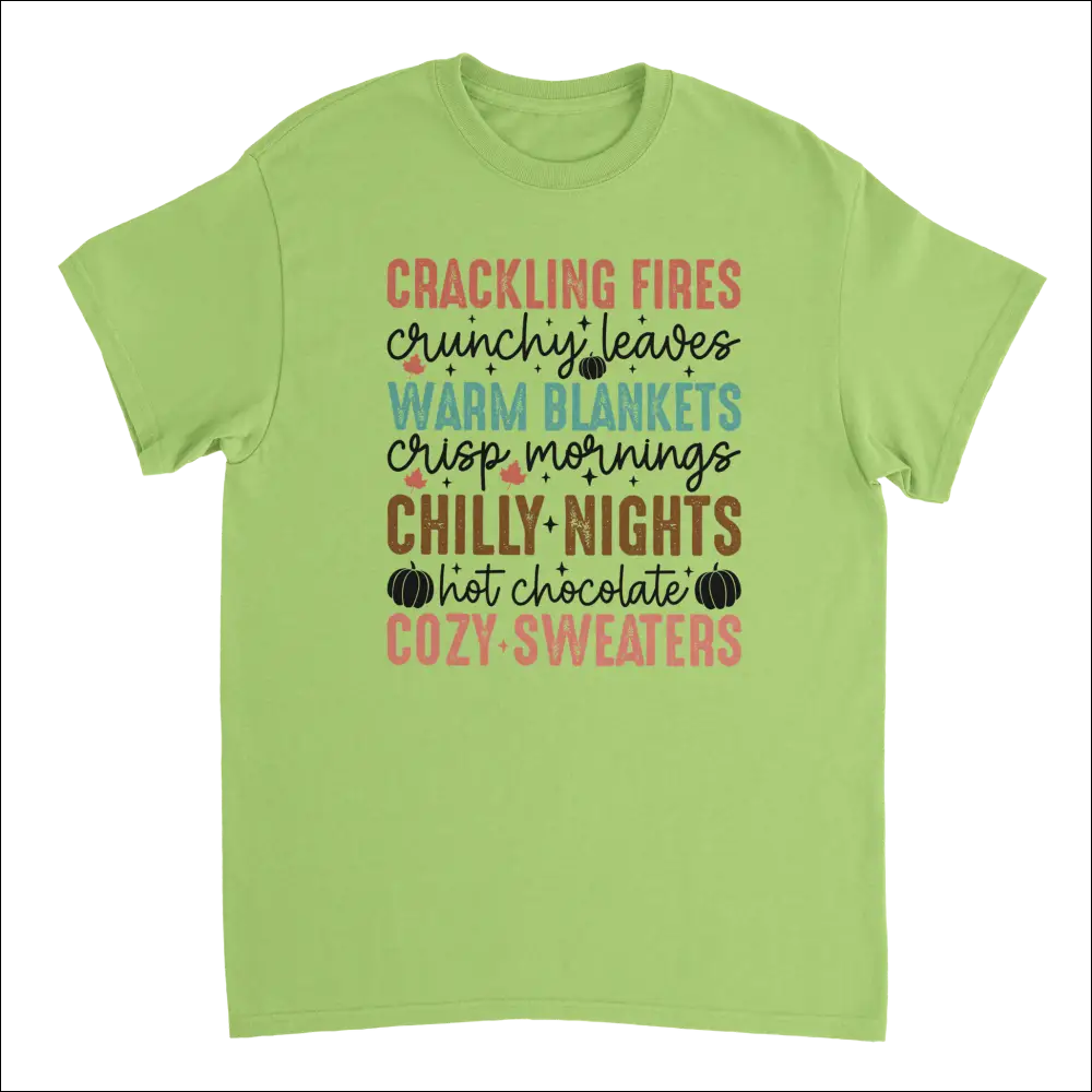 Lime green Autumn Comforts t-shirt with cozy fall graphic and pumpkins