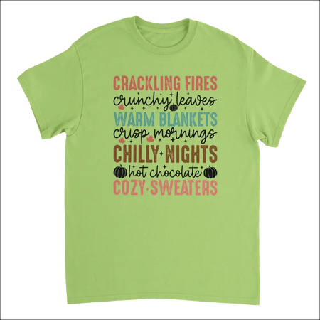 Lime green Autumn Comforts t-shirt with cozy fall graphic and pumpkins
