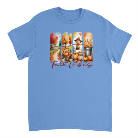 Light blue Autumn Harvest Fall Vibes t-shirt with pumpkin graphic