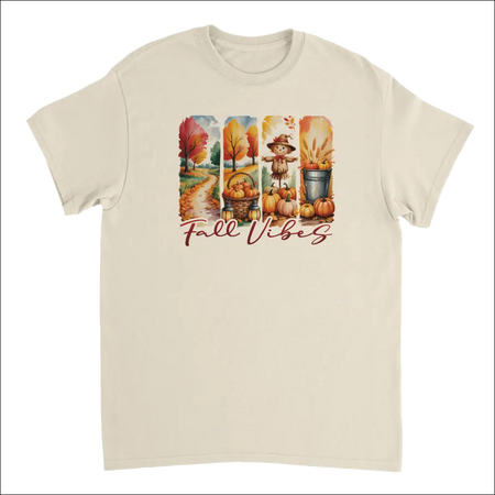 Autumn Harvest Fall Vibes cream cotton t-shirt with pumpkin graphic
