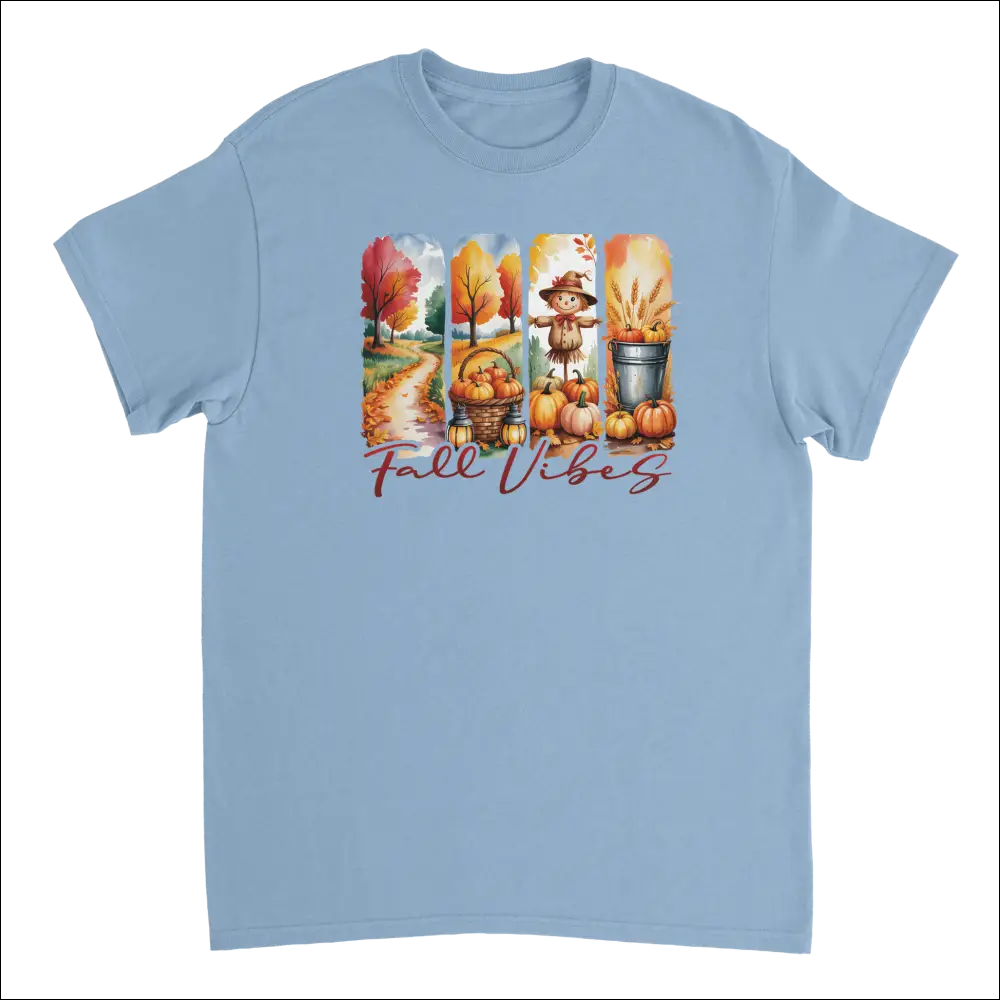 Light blue Autumn Harvest Fall Vibes heavyweight cotton t-shirt with pumpkins and trees
