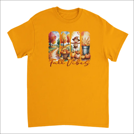 Vibrant orange Autumn Harvest Fall Vibes t-shirt with pumpkin graphic