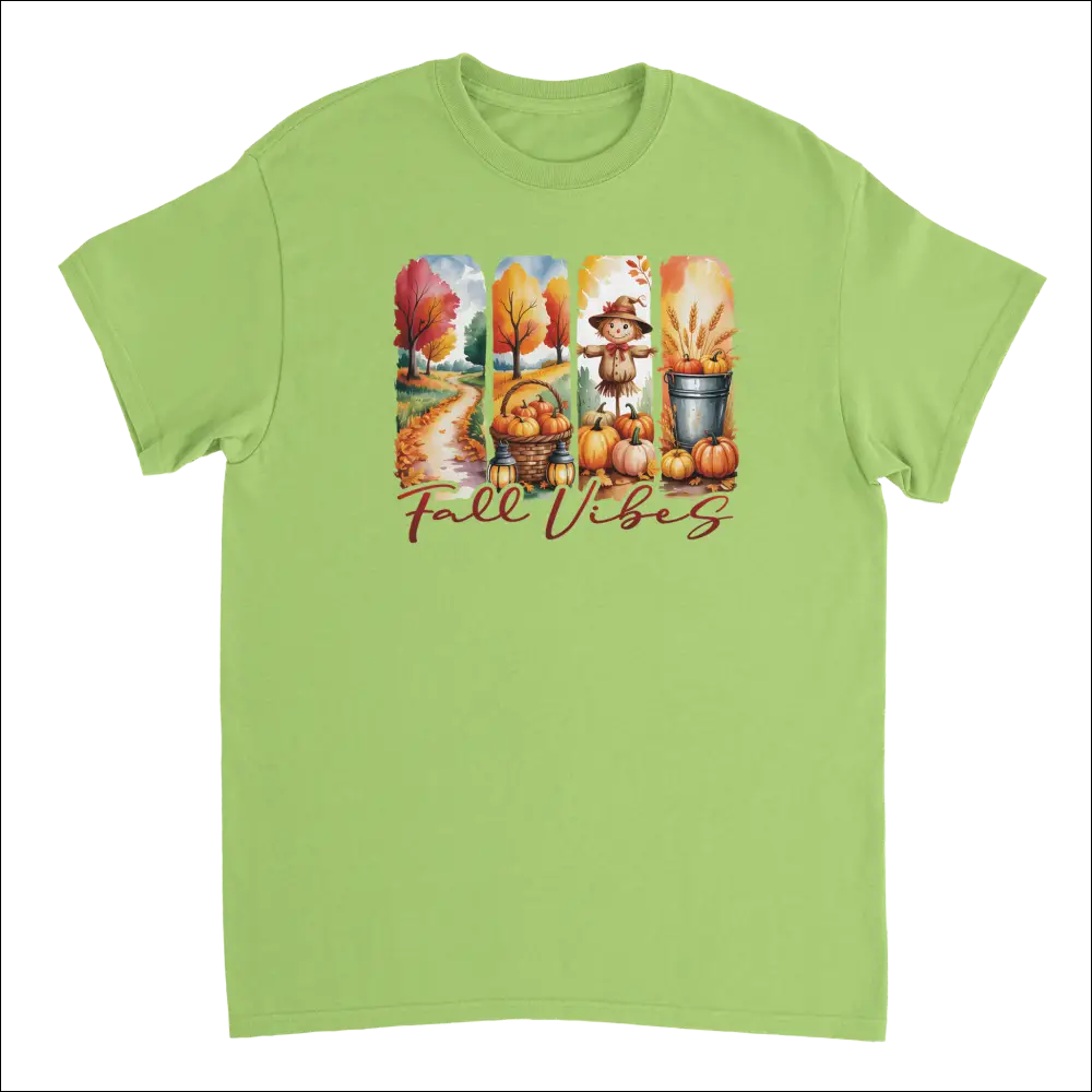 Light green short-sleeved Autumn Harvest Fall Vibes t-shirt with pumpkins and leaves