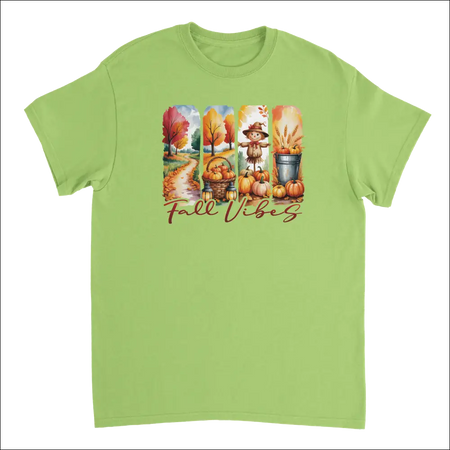 Light green short-sleeved Autumn Harvest Fall Vibes t-shirt with pumpkins and leaves