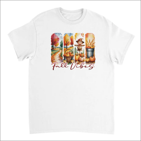 White Autumn Harvest Fall Vibes T-Shirt with colorful pumpkin graphic