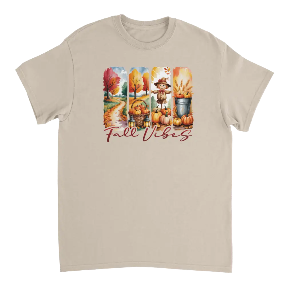 Autumn Harvest Fall Vibes beige t-shirt with pumpkin graphic
