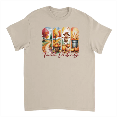 Autumn Harvest Fall Vibes beige t-shirt with pumpkin graphic