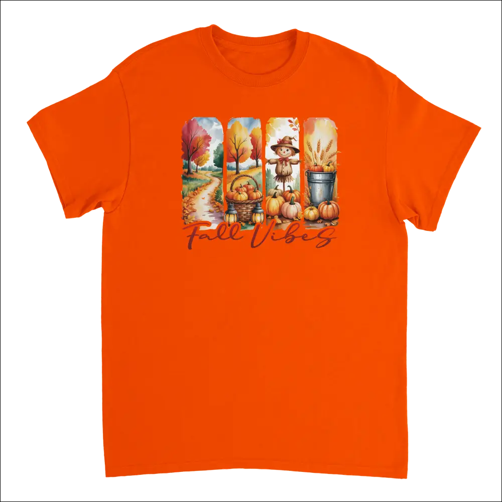 Bright orange Autumn Harvest Fall Vibes t-shirt with pumpkin graphic