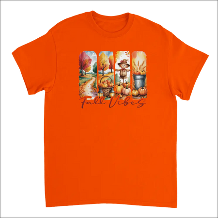 Bright orange Autumn Harvest Fall Vibes t-shirt with pumpkin graphic