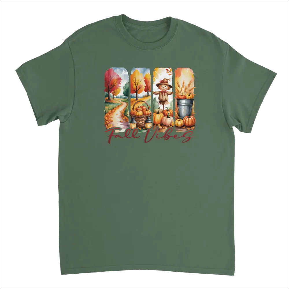 Olive green Autumn Harvest Fall Vibes t-shirt with pumpkin graphic