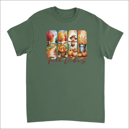Olive green Autumn Harvest Fall Vibes t-shirt with pumpkin graphic