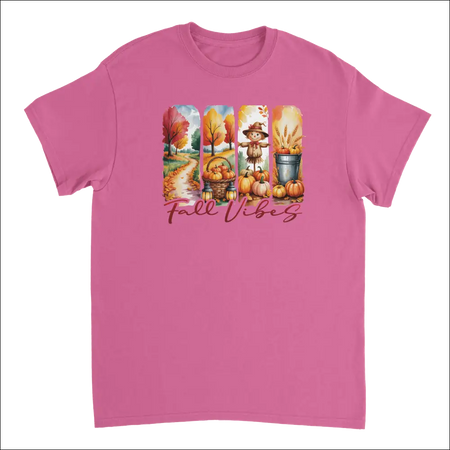 Pink Autumn Harvest Fall Vibes T-Shirt with pumpkins and trees