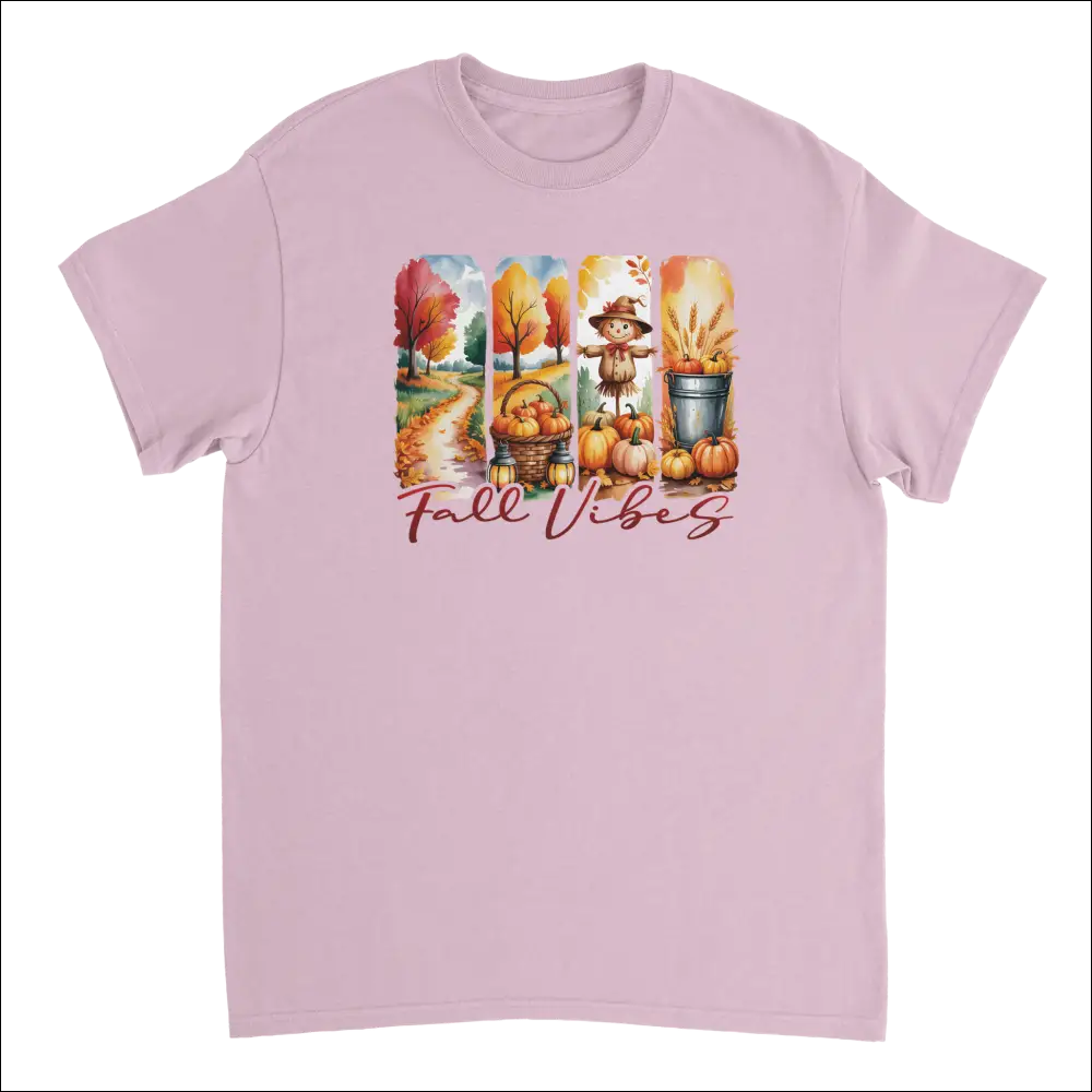 Soft pink Autumn Harvest Fall Vibes t-shirt with pumpkin graphic