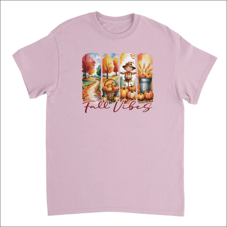 Soft pink Autumn Harvest Fall Vibes t-shirt with pumpkin graphic