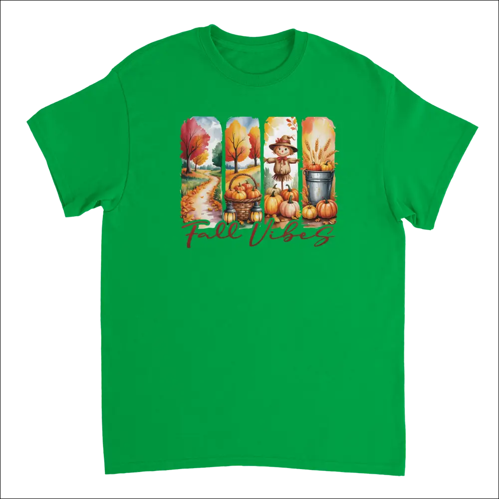 Vibrant green Autumn Harvest Fall Vibes t-shirt with pumpkin graphic