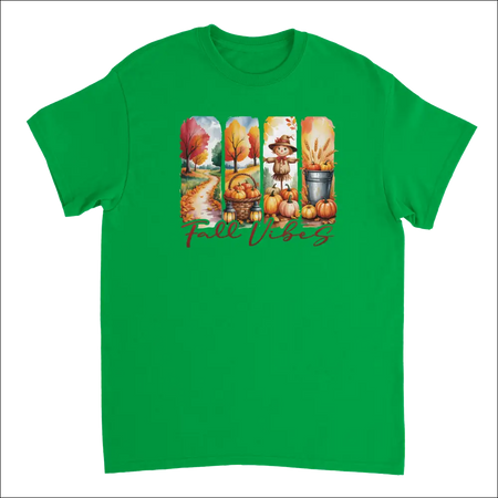 Vibrant green Autumn Harvest Fall Vibes t-shirt with pumpkin graphic