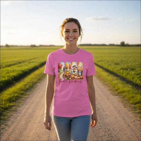 Pink short-sleeved Autumn Harvest Fall Vibes T-shirt with colorful graphic