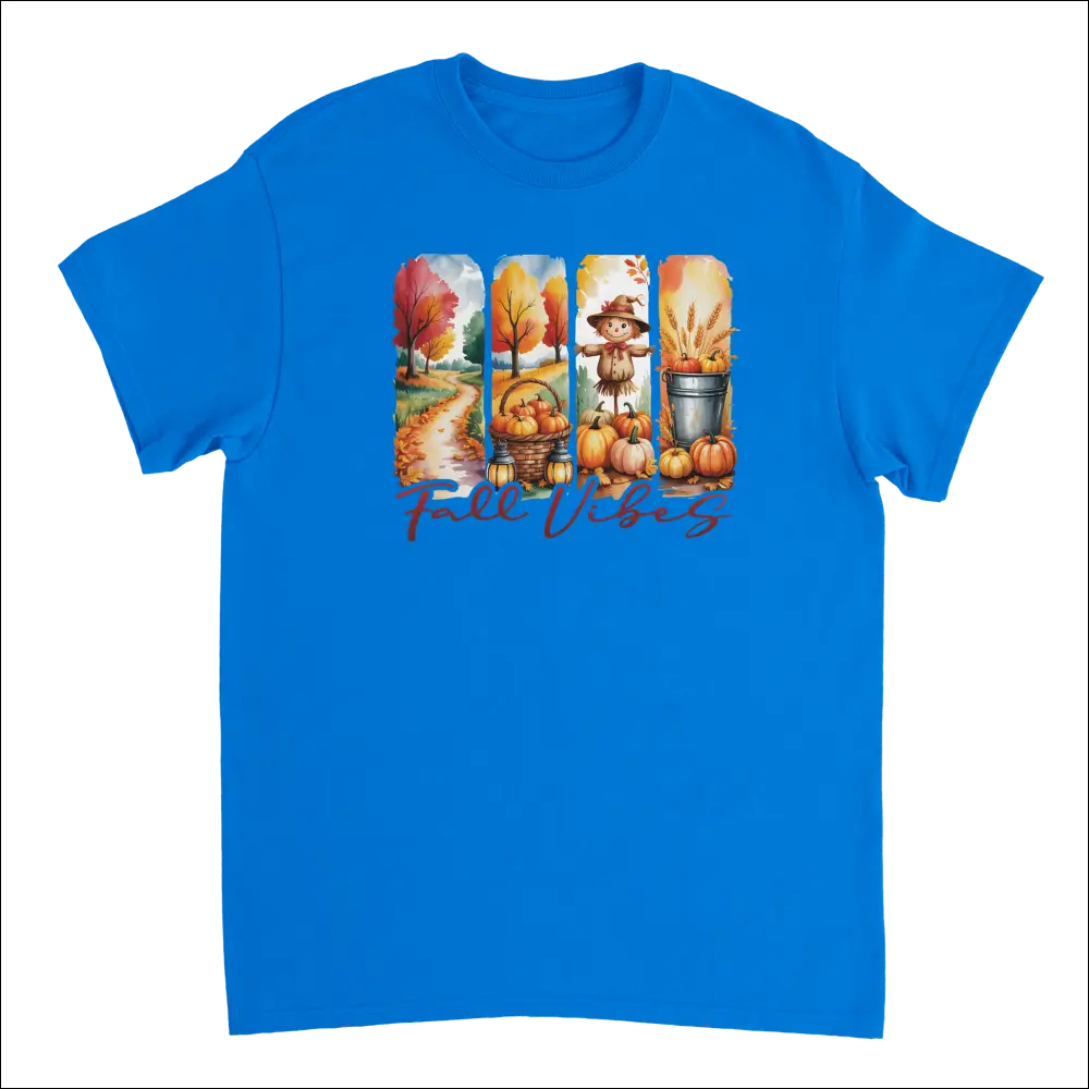 Bright blue Autumn Harvest Fall Vibes t-shirt with pumpkin graphic