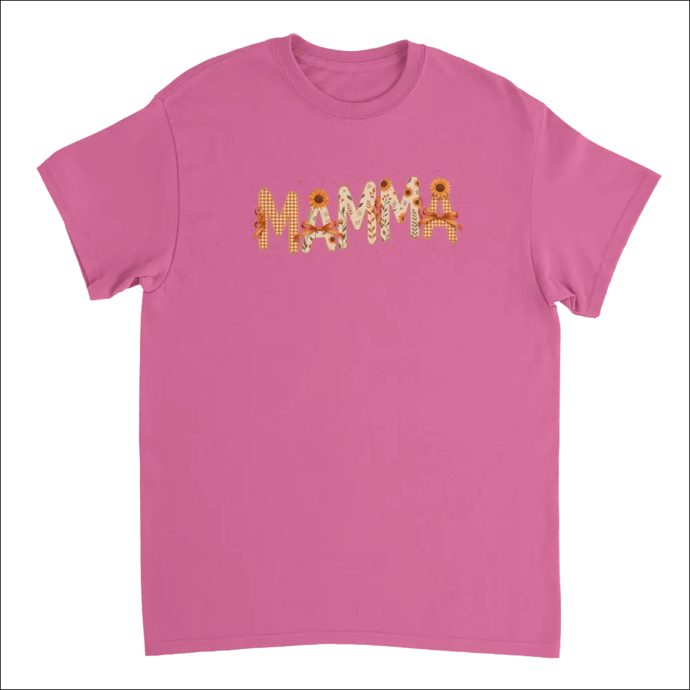 Soft pink Mamma t-shirt with sunflower gingham patchwork, heavyweight cotton