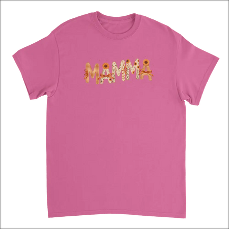 Soft pink Mamma t-shirt with sunflower gingham patchwork, heavyweight cotton