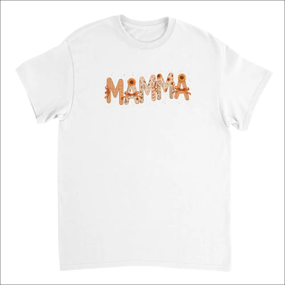Autumn Mamma T-Shirt with Sunflower Gingham Print on White Cotton