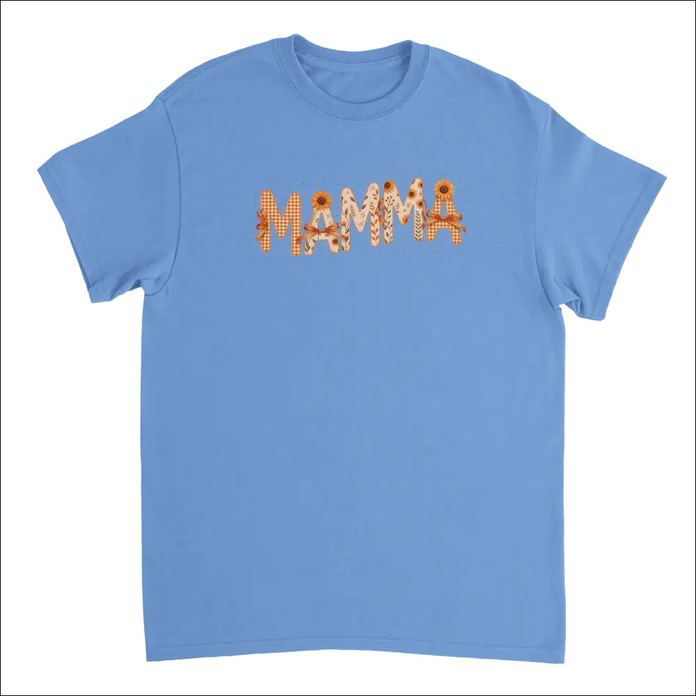Light blue cotton Mamma t-shirt with orange beige gingham patchwork