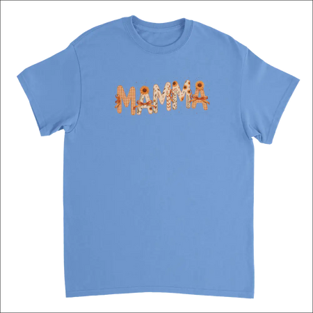Light blue cotton Mamma t-shirt with orange beige gingham patchwork