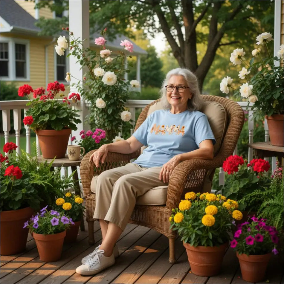Woman with gray hair in glasses sits in wicker chair wearing Autumn MAMMA sunflower gingham t-shirt