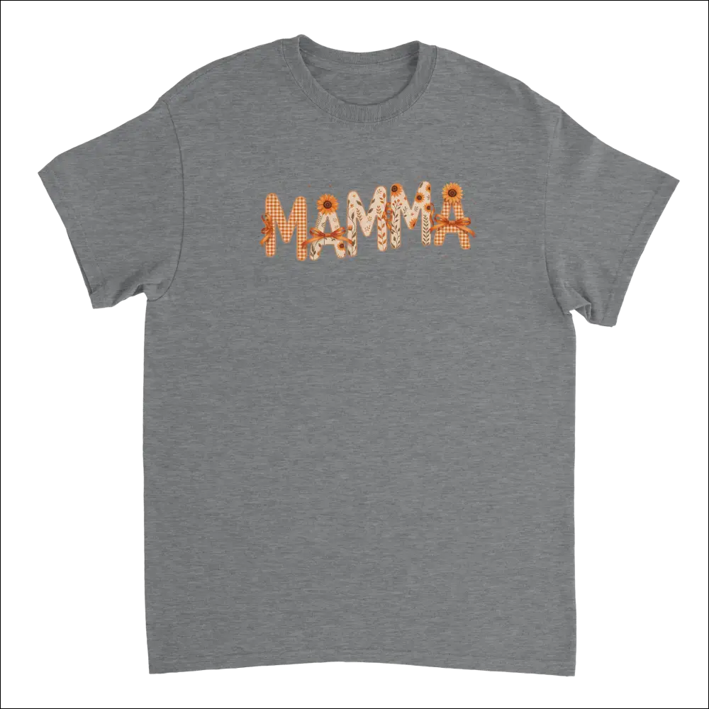 Gray heathered Mamma t-shirt with orange gingham, floral, sunflower print