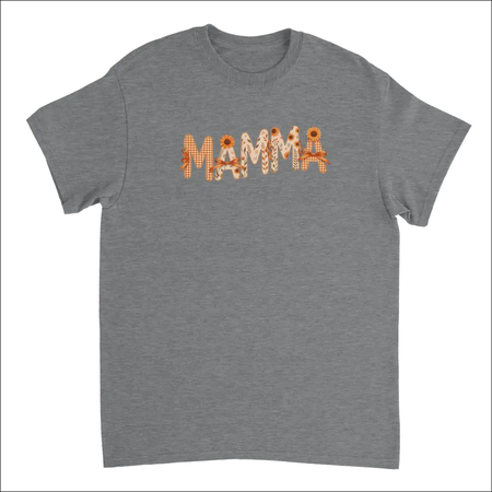 Gray heathered Mamma t-shirt with orange gingham, floral, sunflower print