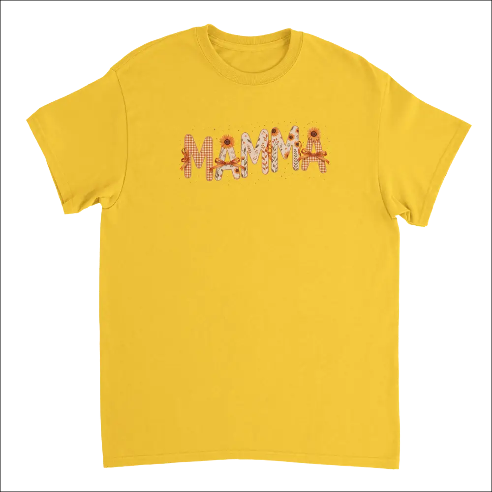 Vibrant yellow Mamma t-shirt with sunflower gingham patchwork print