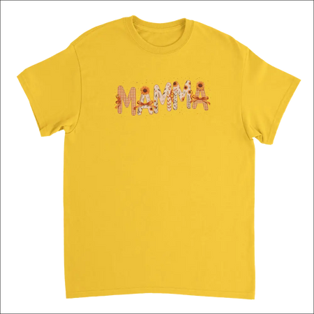 Vibrant yellow Mamma t-shirt with sunflower gingham patchwork print