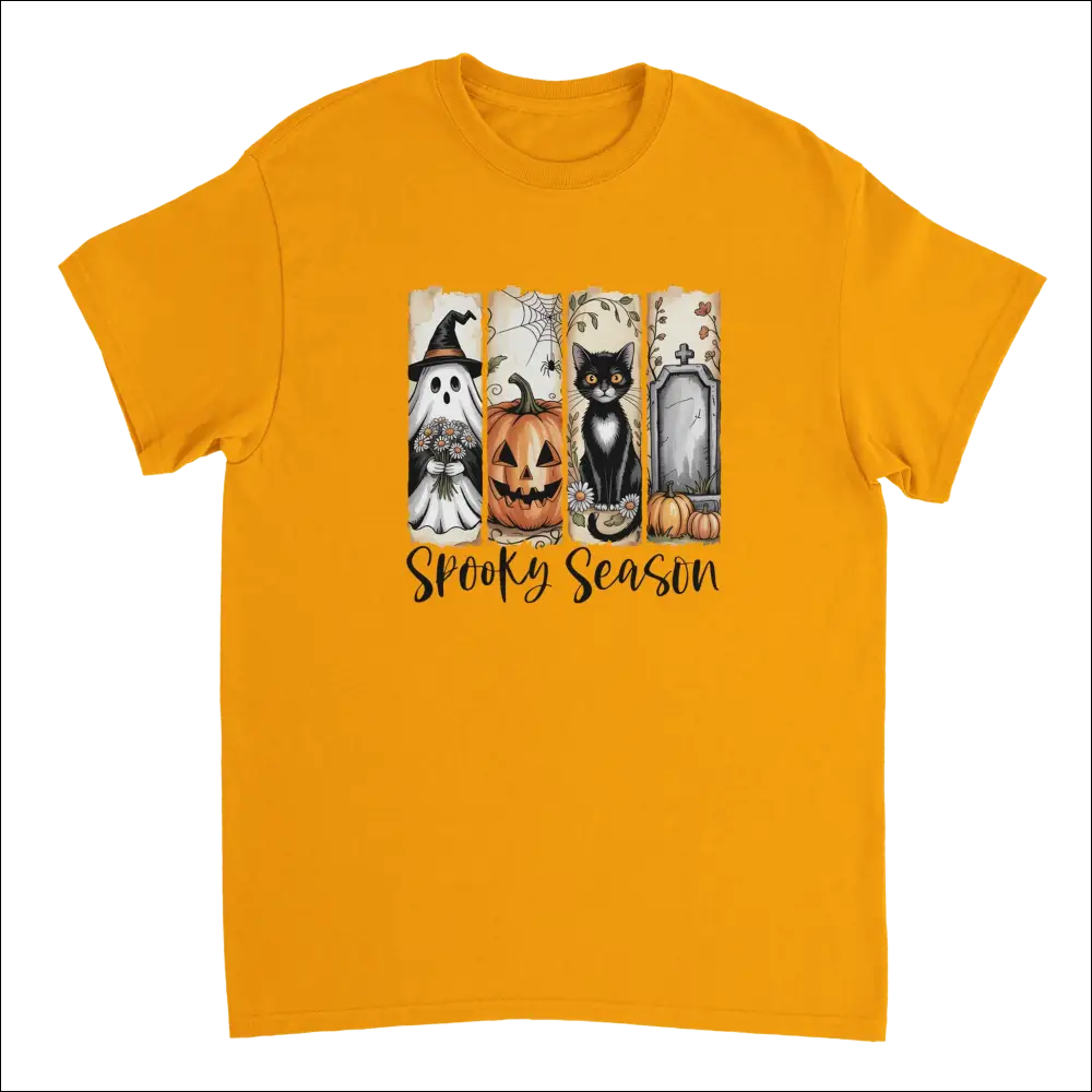 Vibrant orange Autumn Spooks Cotton Tee with spooky Halloween ghost, pumpkin, cat, tombstone graphic