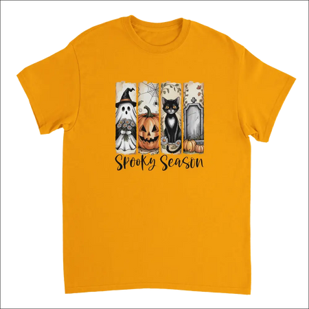 Vibrant orange Autumn Spooks Cotton Tee with spooky Halloween ghost, pumpkin, cat, tombstone graphic