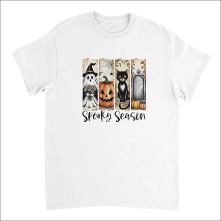 White cotton tee with Halloween ghost, pumpkin, cat, tombstone above Spooky Season text