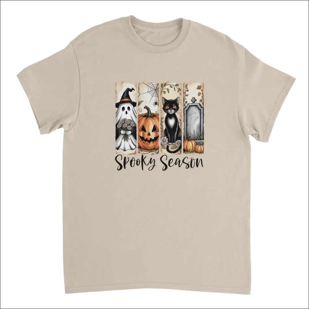 Beige short-sleeved Autumn Spooks Cotton Tee with Halloween ghost, pumpkin, cat, tombstone graphic