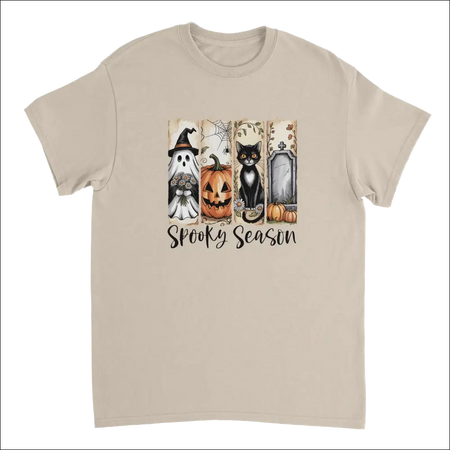 Beige short-sleeved Autumn Spooks Cotton Tee with Halloween ghost, pumpkin, cat, tombstone graphic