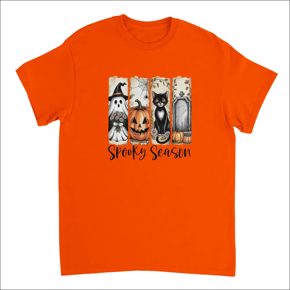Vibrant orange Autumn Spooks Cotton Tee with Halloween ghost, pumpkin, cat, tombstone