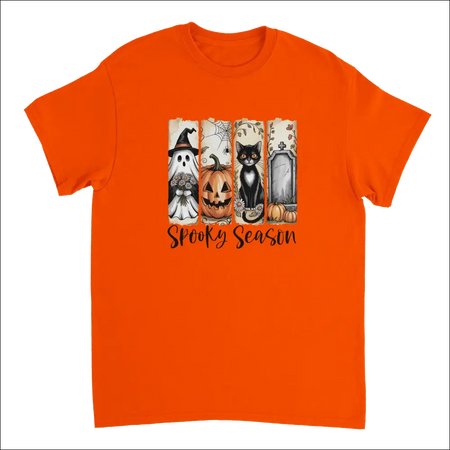 Vibrant orange Autumn Spooks Cotton Tee with Halloween ghost, pumpkin, cat, tombstone