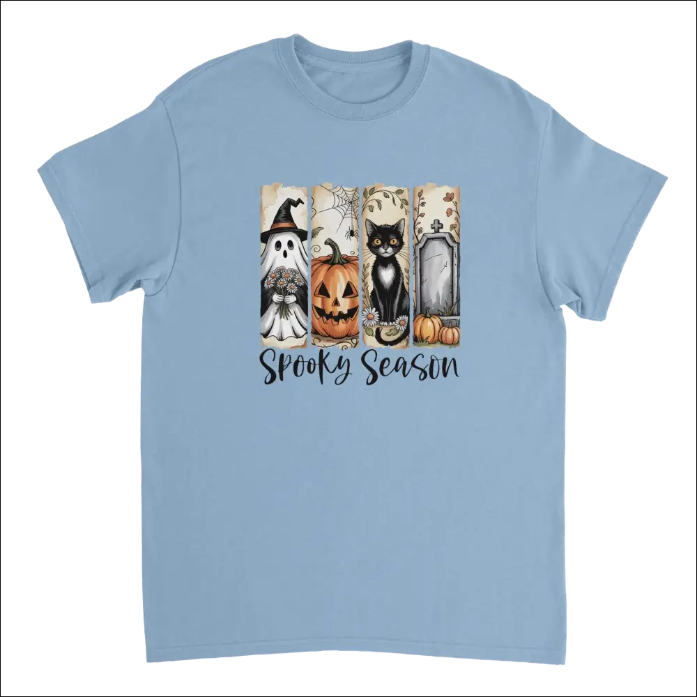Light blue Autumn Spooks Cotton Tee with Halloween ghost, pumpkin, cat, tombstone graphic