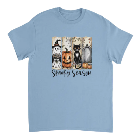 Light blue Autumn Spooks Cotton Tee with Halloween ghost, pumpkin, cat, tombstone graphic