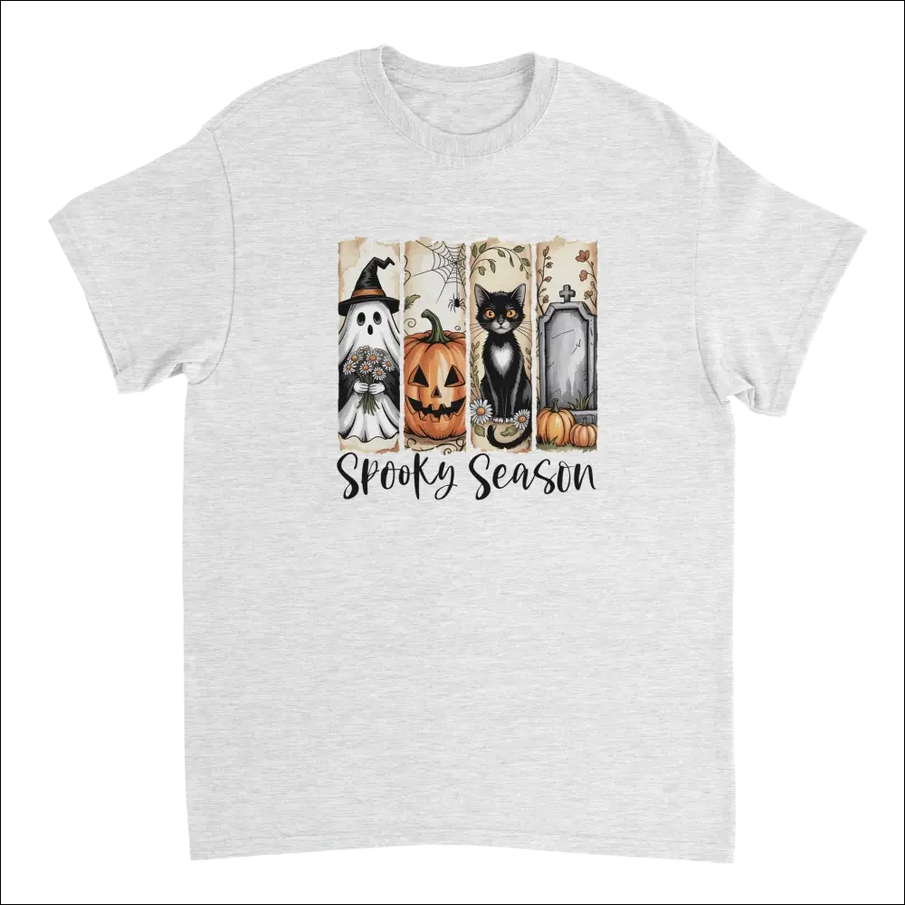 Heather gray Autumn Spooks tee with Halloween ghost, pumpkin, cat, tombstone and Spooky Season text