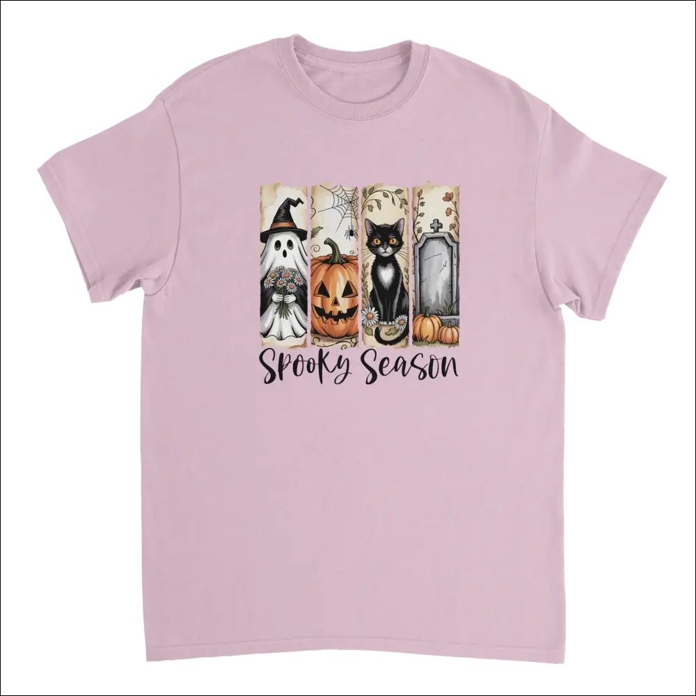 Soft pink short-sleeved Autumn Spooks Cotton Tee with spooky Halloween ghost, pumpkin, cat, tombstone graphic and Spooky Season text